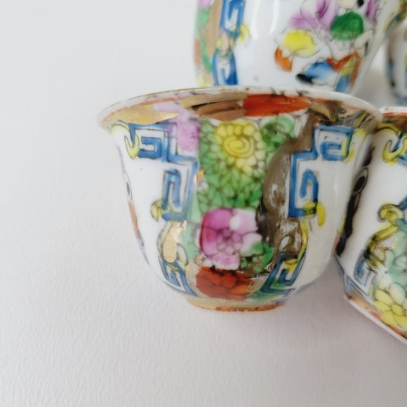 Small Hand Painted Chinese Tea Ceremony Set Gold Trim Male Figures Bright Flower - Picture 7 of 13